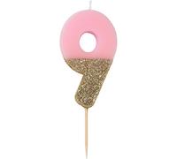 Bougie d'anniversaire numéro 9 rose avec paillettes dorées | Décoration de gâteau de qualité supérieure | Jolie, scintillante pour enfants, adultes, 9e, 90e fête, anniversaire, âge jalon
