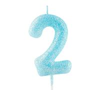 Bougie d'anniversaire pour 2e anniversaire - Bougie numéro 2 avec paillettes bleues - Décoration lumineuse pour gâteau - Bougie d'anniversaire pour filles, garçons, femmes - Fournitures de fête pour