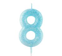 Bougie d'anniversaire pour 8e anniversaire - Bougie numéro 8 avec paillettes bleues - Décoration lumineuse pour gâteau - Bougie d'anniversaire pour filles, garçons, femmes - Fournitures de fête pour