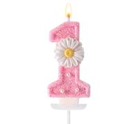 Bougie d'Anniversaire Rose Numéro 1, 7,1cm Bougie d'Anniversaire à Paillettes avec Plateau Bâton Fille Une Bougie Premier Anniversaire 1 An Décoration Gâteau et Cadeaux Une Fête d'Anniversaire