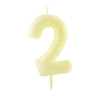 Bougie de 2e anniversaire jaune pailletée en forme de chiffre 2 - Décoration de gâteau d'anniversaire pour filles, garçons, femmes, anniversaires de mariage