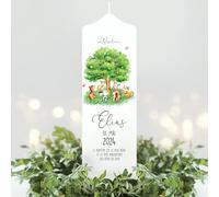 Bougie de baptême garçon fille arbre avec animaux de la forêt, blanc 25 x 7 cm avec nom, date, éventuellement les paroles du baptême, Bougie de baptême 25 x 7 cm (avec vos propres paroles du baptême)
