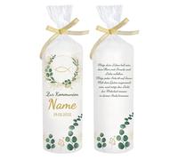 Bougie de communion personnalisable avec nom - Décoration de table - Cadeau de communion - Jolie bougie - Eucalyptus - Couronne de feuilles - Durée de combustion : 35 heures - Diamètre : 6,8 cm -