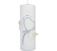 Bougie de mariage festive avec un design élégant en forme de cœur, des ornements argentés et un ruban d'organza - Idéal pour les mariages et les noces d'argent, 240/80mm