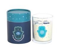 Bougie en cristal de rose blanche de Hamsa | 48 heures de combustion | Décoration spirituelle protectrice | Cadeau mystique | Bocal en verre avec accents d'étoiles