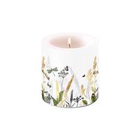 Bougie Fleurs de prairie naturelle avec libellules blanches comme décoration de table Bougie à motif rond Petite pour la table dressée Ø 7,5 x 9 cm