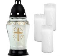 Bougie funéraire en verre avec recharges - croix blanche