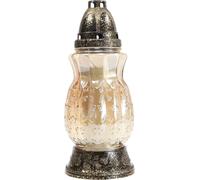 Bougie funéraire verre teinté rinceaux roses or 26cm Ø12cm 24-30h