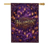 Bougie gothique Halloween Bougie Forêt Bougie Drapeau Maison 71,1 x 101,6 | Typographie gothique, drapeau de cour, forêt enchantée, feuilles d'érable d'automne, toiles d'araignée, brouillard mystique