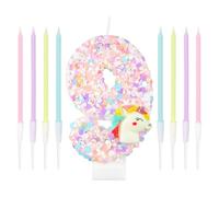 Bougie licorne colorée pour décoration de gâteau, bougie d'anniversaire en forme de chiffre 9 rose brillant et bâtons longs pour filles, bébés, 9ème fête, bain de bébé