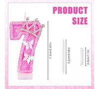 Bougie Numéro D'anniversaire, 7,3cm Bougies Numérotées Roses À Paillettes Avec Papillon Et Couronne Strass Bougies Numérotées D'anniversaire Décorations D'anniversaire Parfaites(Numéro 7)[Z967]