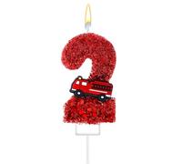Bougie Numéro d'Anniversaire, Paillettes Rouges Camion Pompier Bougie Joyeux Anniversaire Décoration Gâteau Numérique pour Garçons Filles Pompier Anniversaires (2)
