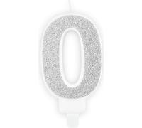 Bougie numérotée argentée, scintillante, 7cm, chiffre 0