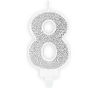 Bougie numérotée argentée, scintillante, 7cm, chiffre 8
