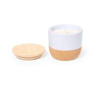 Bougie parfumée en lin dans un pot en céramique avec base en liège naturel et couvercle en bambou.
