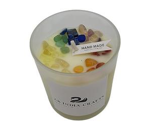 Bougie parfumée faite à la main en cire de soja - 7 chakras - Poire anglaise et freesia - 220 g - Dans un verre - Harmonie amour méditation