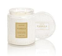 Bougie Parfumée Vanille Caramel en Cire de Soja, Coulée à la Main avec Double Mèche en Coton, Senteur Douce et Crémeuse, Élégant Pot en Verre Blanc, 210 g