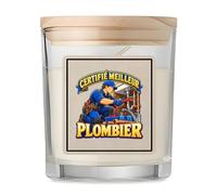 Bougie Parfumée Vanille Certifié meilleur plombier | modèle 1 | Verre 8,5 cm Couvercle Bambou et Boîte Cadeau | Déco Salon Chambre Détente | Idée Cadeau Artisan Crémaillère Noël