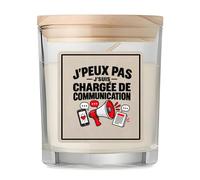 Bougie Parfumée Vanille Chargee de Communication J'peux pas | Verre 8,5 cm Couvercle Bambou et Boîte Cadeau | Déco Salon Chambre Détente | Idée Cadeau Crémaillère Noël