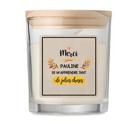Bougie Parfumée Vanille Merci Pauline de m'apprendre tant de jolies choses | Cadeau Fin d'Année Scolaire Maîtresse Nounou ATSEM Assmat | Cadeau de Remerciement | Verre et Bambou