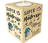 Bougie personnalisée Super Maîtresse - Porte Bougie en Bois - Cadeau de Fin d'année Scolaire pour remercier l'institutrice - Cadeau Maîtresse d'école