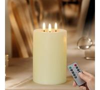 Bougie pilier sans flamme à LED en cire véritable avec minuteur, effet vacillant à 3 mèches pour mariage, maison, fête, ambiance de vacances (15 cm)