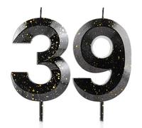 Bougies 3D en forme de chiffre 39 - Noir et doré - Cire de qualité supérieure et diamant 3D - Décoration de gâteau pour fête, anniversaire de mariage
