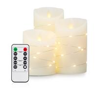 Bougies à LED Décoratives - Lot de 3 Bougies en Cire Véritable - Guirlande LED Chaude - Effet Flamme et 5 Intensités - Télécommandé