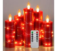Bougies à LED Lot de 5 avec guirlande lumineuse, angle de vision de 360 degrés, avec guirlandes lumineuses étoilées, avec télécommande à 10 touches, vraie cire (rouge)
