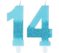 Bougies bleues pour 14e anniversaire - Numéro 14 bleu - Décorations de gâteau La Reine des Neiges - Bougies de fête bleues pailletées pour filles et garçons - Décoration de fête d'anniversaire de