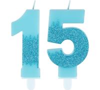 Bougies bleues pour 15e anniversaire, numéro 15 bleu - Décorations de gâteau de la Reine des Neiges - Bougies bleues pailletées pour décoration de gâteau d'anniversaire de mariage pour filles et