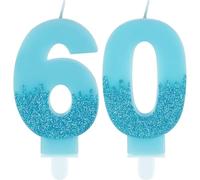 Bougies bleues pour 60e anniversaire - Numéro 60 bleu - Décorations de gâteau La Reine des Neiges - Bougies de fête bleues pailletées pour homme et femme - Décoration de fête d'anniversaire,