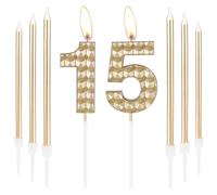 Bougies d'anniversaire 15 ans pour filles et garçons, bougies d'anniversaire en forme de chiffre 15, champagne doré pour décoration de gâteau d'anniversaire pour homme et femme, pour fête
