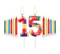 Bougies d'anniversaire de blocs de bâtiment, Décorations 15e d'anniversaire de filles garçons, numéro 15 bougie pour gâteau,pixel bougies à thème de blocs de bâtiment de pour les fournitures de fête