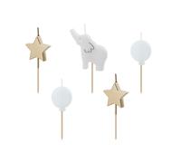 Bougies d'anniversaire éléphant et étoiles 3-5cm blanc / or 5pcs