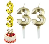 Bougies d'anniversaire en forme de chiffre 33, décoration de gâteau 3D, décoration de gâteau pour fête d'anniversaire, mariage, fêtes d'entreprise, avec 2 ballons dorés en forme de chiffre 3