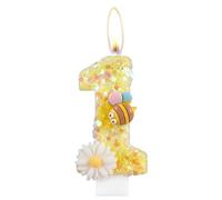 Bougies d'anniversaire en forme de fleur en forme de chiffre 1 avec abeille pour gâteau, décorations de 1er anniversaire de filles, bougies d'anniversaire jaunes à paillettes, décorations de gâteau