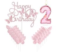 Bougies d'anniversaire en forme de papillon « Happy 2nd Birthday » - Bougie rose en forme de chiffre 2 avec papillon - Décoration de gâteau pour 2e anniversaire - Jolie décoration de gâteau