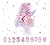 Bougies d'anniversaire Numéro 4,3D Rose Bougie Chiffre 4,Sirènes Decoration Gateau Anniversaire,Bougies Scintillantes Gâteau Topper Decoration,Pour Les Enfants, Adultes