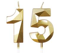 Bougies d'anniversaire pour 15 ans, bougie numéro 15, bougies dorées, bougie d'anniversaire pour gâteau, bougies d'anniversaire, décorations de gâteau pour fête d'anniversaire, mariage