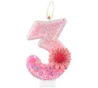 Bougies d'anniversaire roses avec numéro de marguerite 3, décorations pour gâteau et fêtes de 3ème anniversaire, fleurs scintillantes