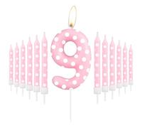 Bougies d'anniversaire roses en forme de chiffre 9 avec pois pour gâteau, 9 bougies pour 9e anniversaire, bougies d'anniversaire à pois, décorations de gâteau d'anniversaire pour filles