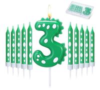 Bougies d'Anniversaire Thème de Dinosaures Verts, 1 Pc Bougie Numérotée de Gâteaux 2,75 x 1,85 Pouces et 10 Pcs Bougies Longues et Fines 3,7 Pouces pour Décor de Fête de Dinosaure (Numéro 3)
