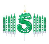 Bougies d'Anniversaire Thème de Dinosaures Verts, 1 Pcs Bougie Numérotée de Gâteaux et 10 Pcs Bougies Longues et Fines pour Décor d'Anniversaire de Fête à Thème Dinosaure (Numéro 5)