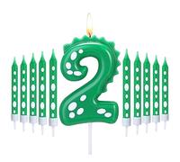Bougies d'Anniversaire Thème de Dinosaures Verts, 1 Pcs Bougie Numérotée de Gâteaux et 10 Pcs Bougies Longues et Fines pour Décor d'Anniversaire de Fête à Thème Dinosaure (Numéro 2)