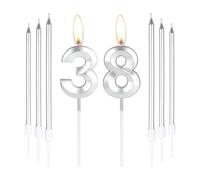 Bougies de Gâteau Argentées en Forme de Chiffre 38 avec 6 Longues Bougies, Décorations de 38e Anniversaire pour Fête, Garçons, Filles, Hommes, Femmes