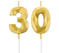 Bougies de Numéro de 30e Anniversaire 3D Bougies de Gâteau en Forme de Diamant Décoration de Gâteau Topper de Numéro 30 à Paillettes Dorées pour Anniversaire Mariage, Or