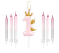 Bougies en forme de chiffre « Happy 1st Birthday », jolie couronne dorée avec ailes pour gâteau de filles, décorations de premier anniversaire pour elle, 1 bougie rose pour 1er anniversaire de mariage