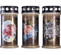 Bougies funéraires Motif fleurs Set de 3 bougies Ø7,5xH16,5cm, 3 jours de combustion, décoration, commémoration, bougie avec fleurs et accents dorés