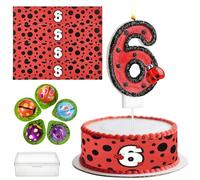 Bougies Gâteau d'Anniversaire Coccinelle,de Numéro 6,Ruban coccinelle comestible Decoration Gateau Cake 4 pièces de 24cm x 5cm,Thème Coccinelles,Décoration Créative Gâteaux (Rouge-6s)